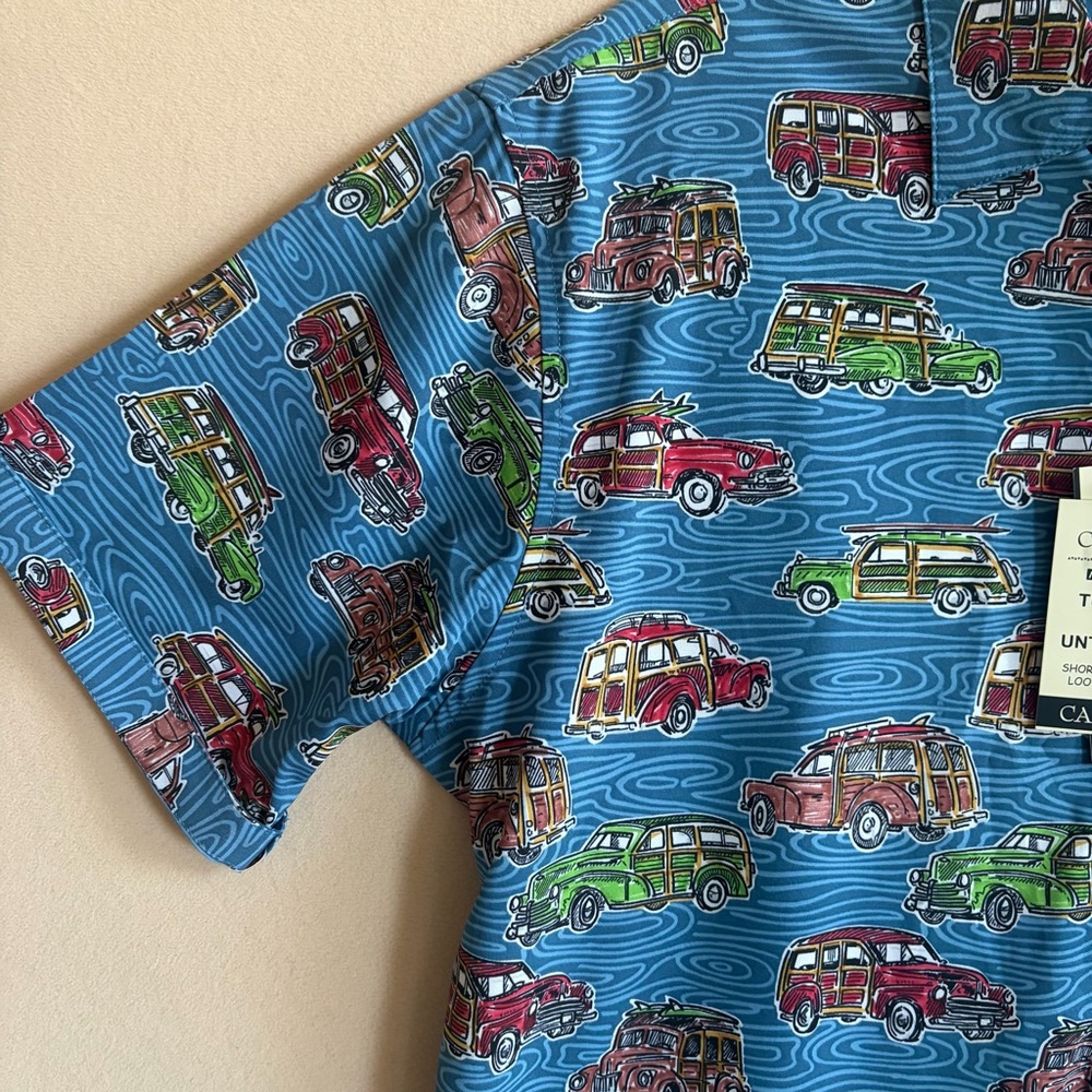 Campia Moda Men’s NEWShort Sleeve Button-Up Shirt Blue Retro Car Print Size L - Picture 11 of 14